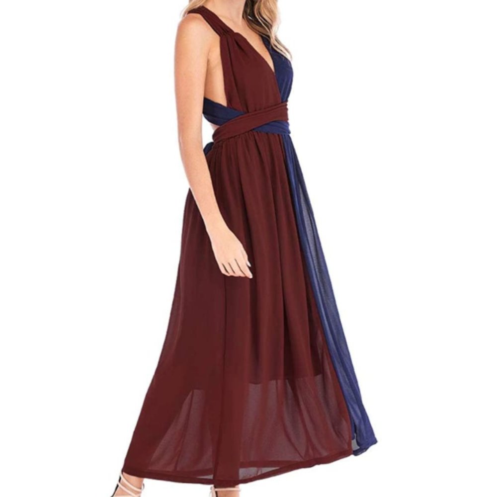 LAST 1 NWT  Navy/Maroon Wrap Chiffon Maxi Dress - Picture 3 of 6